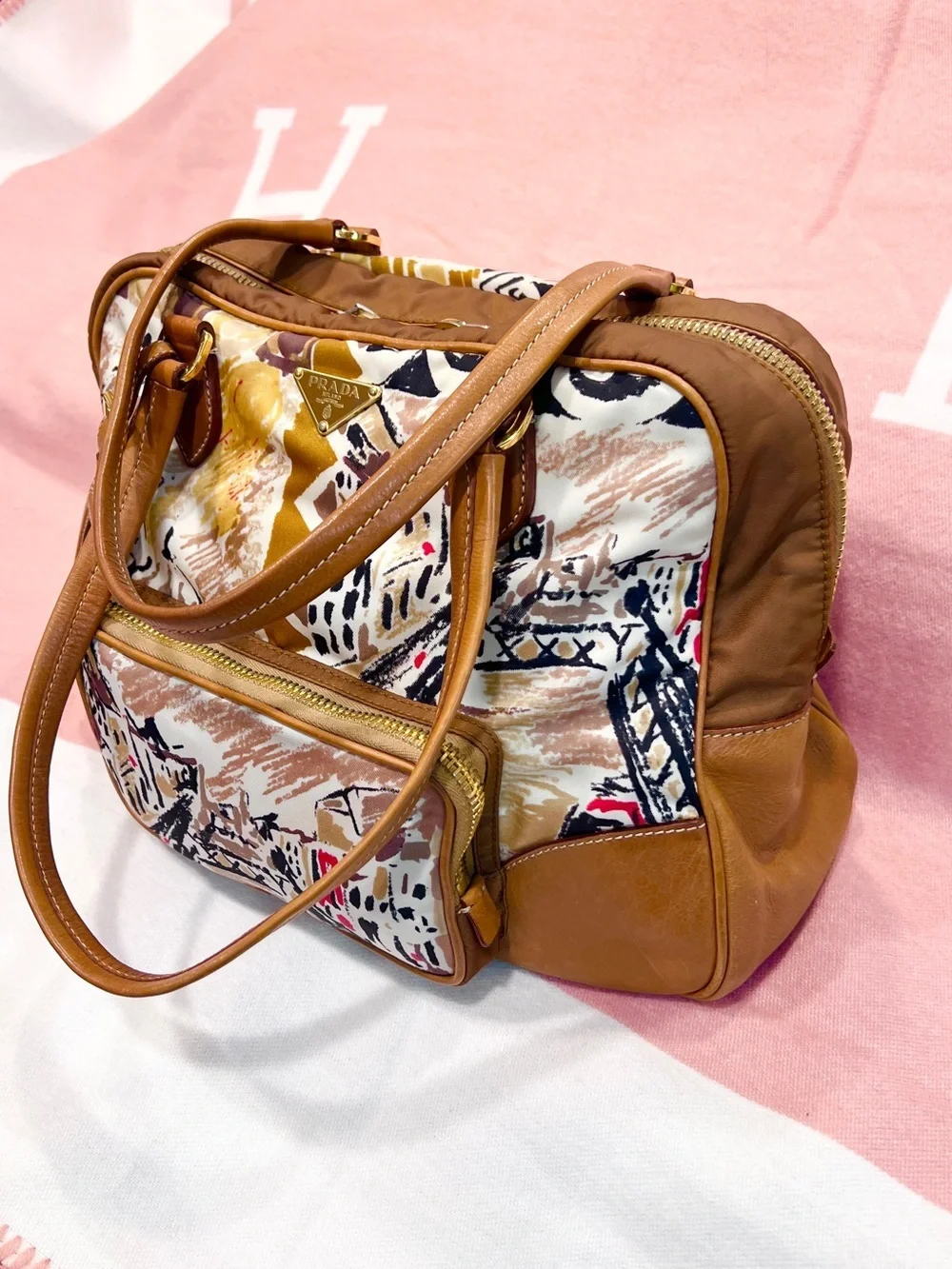 PRADA⭐️Bauletto! Multicolor Shoulder Bag with Brown Leather Trim. Offers!❤️